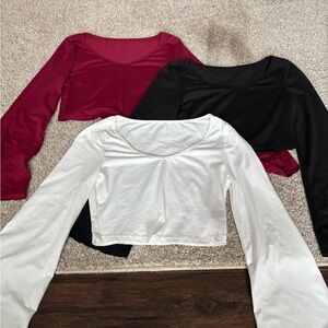 Women's Long Sleeve Crop Tops - Black, White, Burgundy